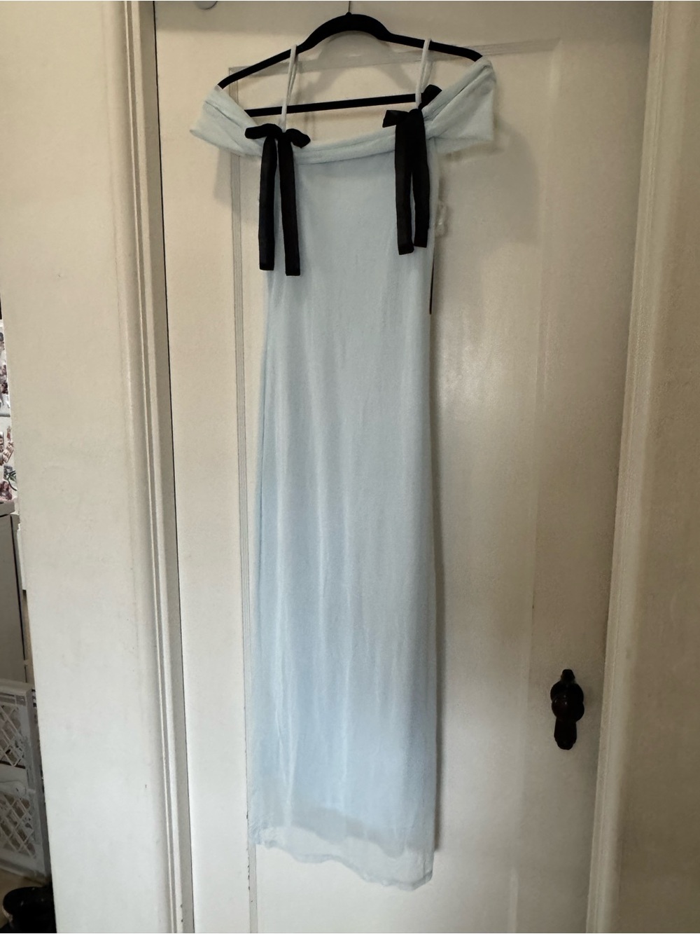NWT Pale Blue Mesh Maxi Dress Black Bow Off Shoulder XS